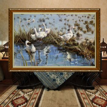 收藏原创精品油画水稻田里的鸭子纯手绘油画实木外框