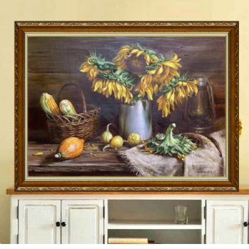 朝鲜油画精品收藏手绘油画向日葵蔬果静物油画实木外框