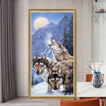 纯手绘动物油画三只雪狼走廊挂画实木外框