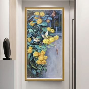 手绘风景油画屋檐下的两只小麻雀实木外框