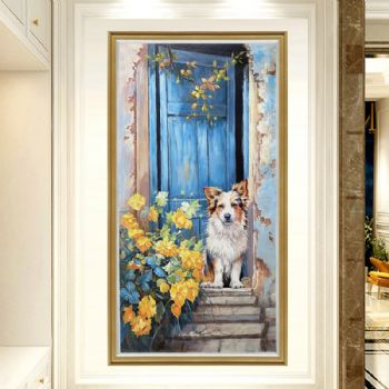 优美风景门前的一只小狗手绘景物油画作品实木外框