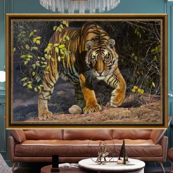 精品朝鲜手绘写实油画动物油画老虎图虎虎生威大厅油画