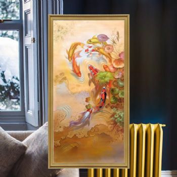 玄关九鱼图纯手绘写实锦鲤油画作品实木外框