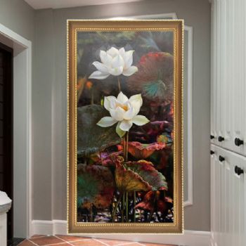 精品朝鲜油画白荷花风景油画作品玄关收藏油画实木外框