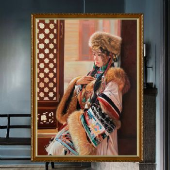精品美女人物纯手绘油画藏族女孩写实手绘油画