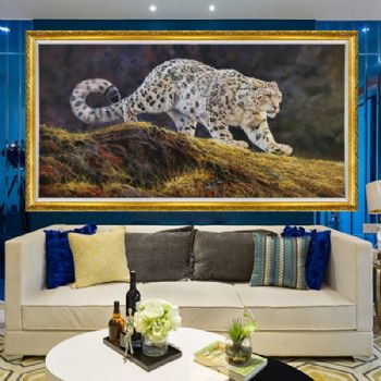 精品动物油画纯手绘雪豹写实油画动物办公室挂画实木外框