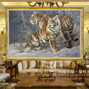 朝鲜动物油画双雄老虎图纯手绘写实动手油画老虎图客厅挂画实木外框