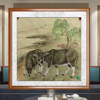 工笔写实动物国画两头牛纯手绘国画水墨画餐厅挂画