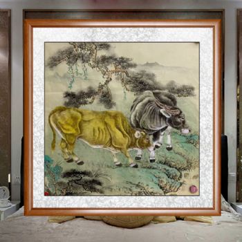 两只公牛图纯手绘工笔国画写实动物国画客厅大厅挂画
