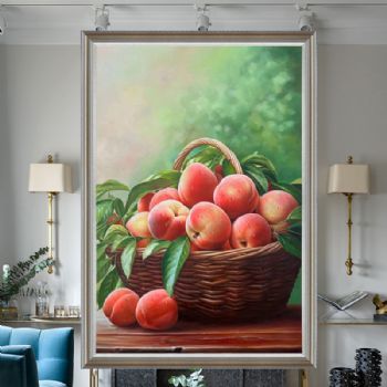 一筐桃子纯手绘水果静物写实油画桃李满天下送老师实木外框