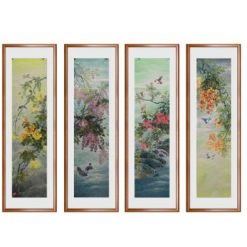 纯手绘花鸟国画四尺对开条屏没骨花鸟国画大厅背景墙国画