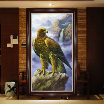 纯手绘动物写实油画英明神武雄鹰写实油画办公室挂画实木外框雄鹰写实手绘油画