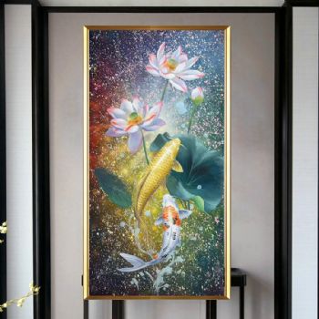 新中式纯手绘锦鲤图年年有余玄关写实油画实木外框