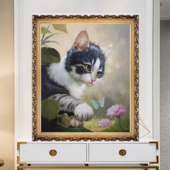 小猫纯手绘动物油画儿童卧室挂画实木外框