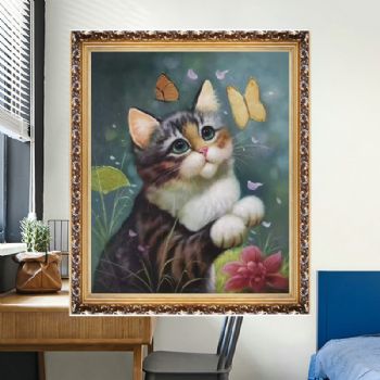 耄耋猫蝶纯手绘动物油画小猫写实油画实木外框