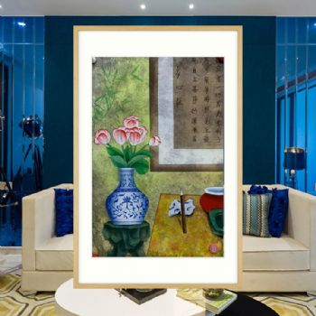 纯手绘彩墨国画静物花卉作品客套餐厅挂画实木外框