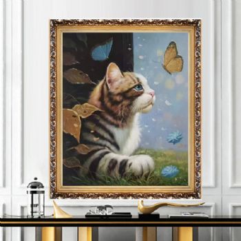 猫蝶手绘动物油画写实油画实木外框