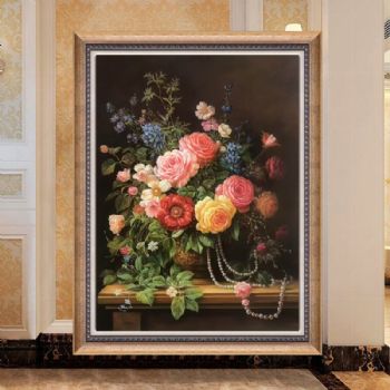 收藏精品纯手绘欧式花卉油画珍珠与花朵餐厅挂画实木外框
