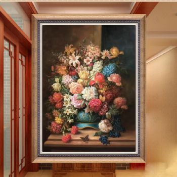 精品古典欧式花卉纯手绘收藏油画卧室挂画实木外框