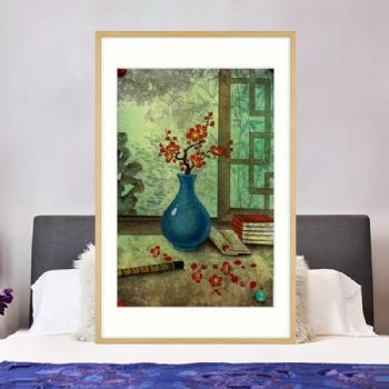 纯手绘彩墨新中式花卉梅花花瓶国画平平安安花开富贵原木色外框工笔花卉国画