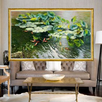 纯手绘荷花池风景油画年年有余锦鲤手绘油画客厅大厅挂画实木外框
