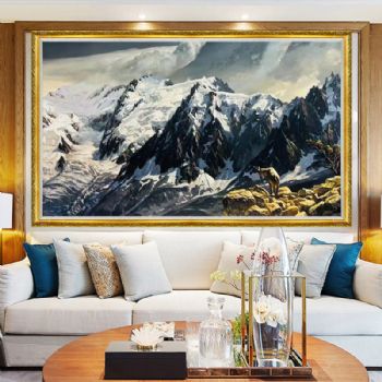 朝鲜山川风景油画雪山羚羊纯手绘油画大厅背景墙自然风景油画实木外框