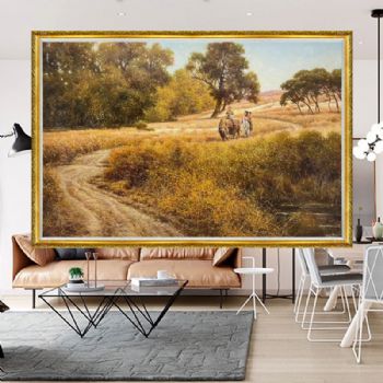 朝鲜油画纯手绘秋季自然风景骑牛的小孩油画客厅油画实木外框