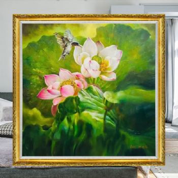 写实荷花风景油画纯手绘朝鲜荷花池风景油画客厅装饰挂画小写意原创朝鲜荷花风景油画