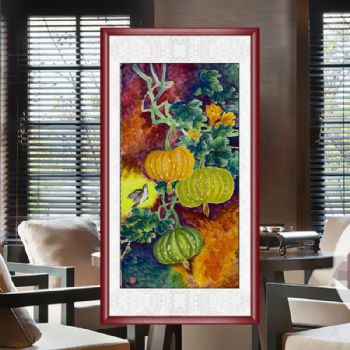 手绘大南瓜中式彩墨国画小写意花鸟国画实木外框