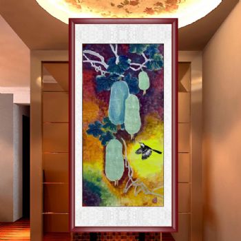 小写意彩墨水墨国画卜瓜花鸟国画玄关挂画实木外框