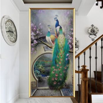 孔雀上墙幸福吉祥新中式写实孔雀油画纯手绘玄关油画实木外框纯手绘动物油画孔雀图