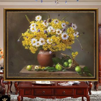朝鲜花卉油画纯手绘油画水果花卉写实油画实木外框