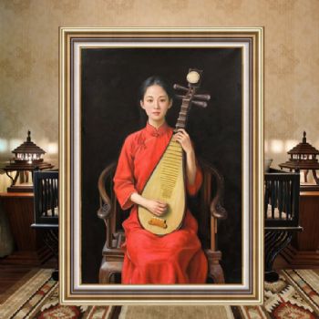 弹琵琶写实油画美女人体艺术油画手绘油画中式人物油画