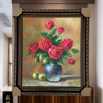 现代欧式纯手绘精品花卉玫瑰油画餐厅挂画PS外框