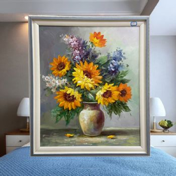 向日葵纯手绘油画花瓶花卉油画PS环保外框