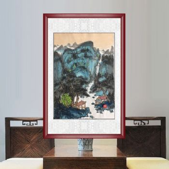 浓墨重彩纯手绘小写意山水画四尺三开山水国画实木外框