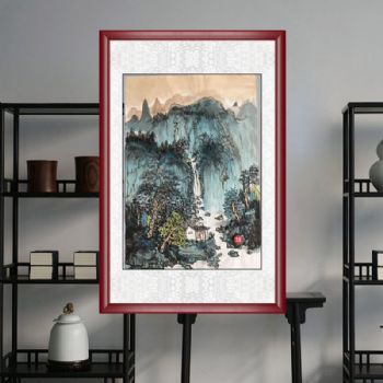 瀑布流水人家四尺三开山水国画纯手绘国画实木外框