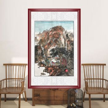 小尺寸山水人家鸿运当头四尺三开山水国画