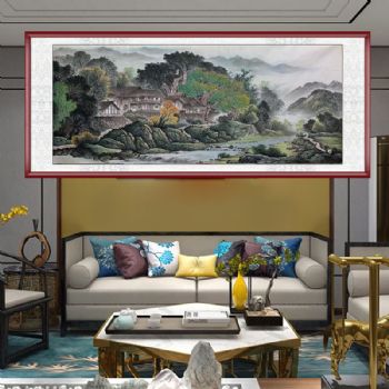 工笔水墨中式风景国画小八尺山水风景国画水墨画实木外框三天之内发货