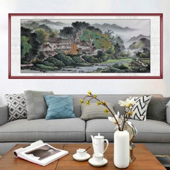 纯手绘工笔国画水墨画小八尺山水风景国画水墨画实木外框