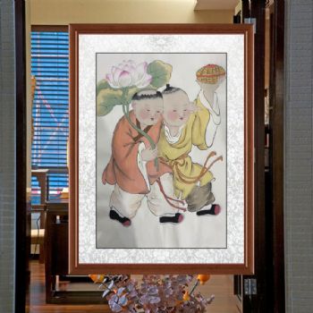 福娃戏莲多子多福图四尺三开人物人物国画纯手绘工笔人物画实木外框三天之内发货