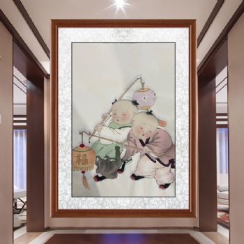 福娃戏灯笼图四尺三开人物人物国画纯手绘工笔人物画实木外框三天之内发货