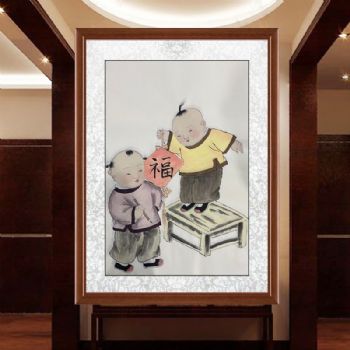 福娃写福字图四尺三开人物人物国画纯手绘工笔人物画实木外框三天之内发货