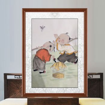 福娃戏雀图四尺三开人物人物国画纯手绘工笔人物画实木外框三天之内发货