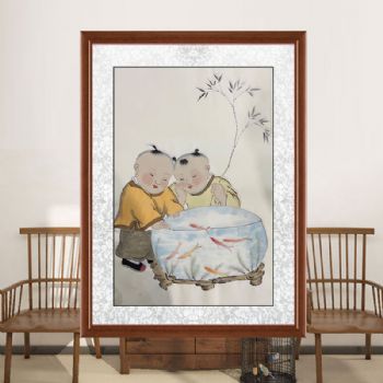 福娃赏鱼图年年有余四尺三开人物人物国画纯手绘工笔人物画实木外框三天之内发货