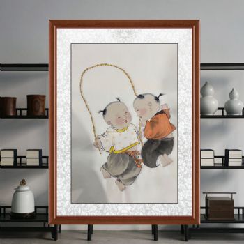 福娃跳绳玩耍图四尺三开人物人物国画纯手绘工笔人物画实木外框三天之内发货