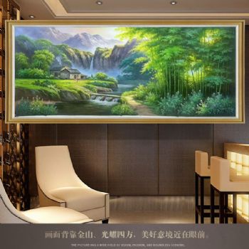 竹林人家手绘中式客厅风景油画实木外框
