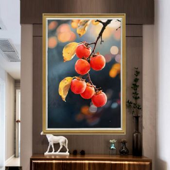 柿子图写实静物油画纯手绘油画餐厅书房挂画实木外框
