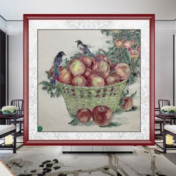 苹果一箩筐精品国画花鸟国画手绘水墨国画餐厅客厅挂画四尺斗方