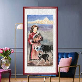 牧羊女人物国画纯手绘美女仕女国画客厅酒店国画实木外框三天之内发货